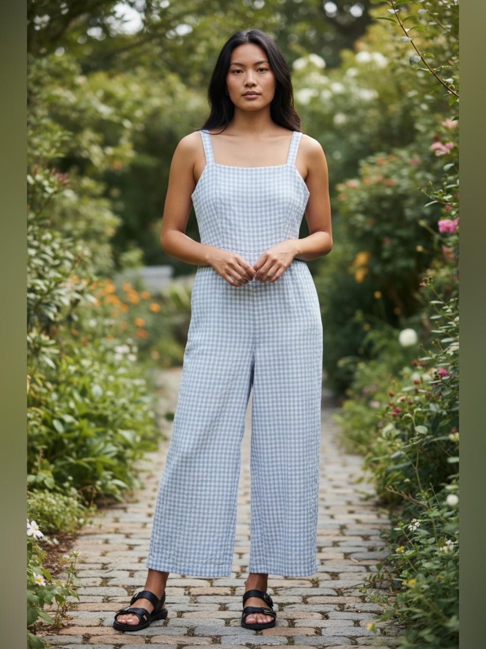 Jessica Simpson Blue and white gingham cropped jumpsuit